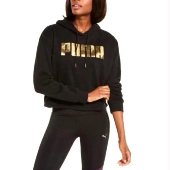 PUMA‎ Black & Metallic Gold Crop Athletic Hoodie Medium - Picture 1 of 9